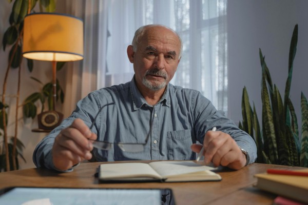 Homme ainée assit à une table avec un livre